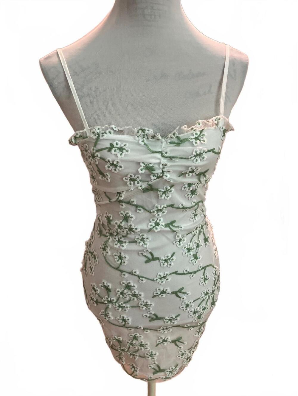 NIB Women's Strapless Mini Dress with Floral Embroidery and Tie Back